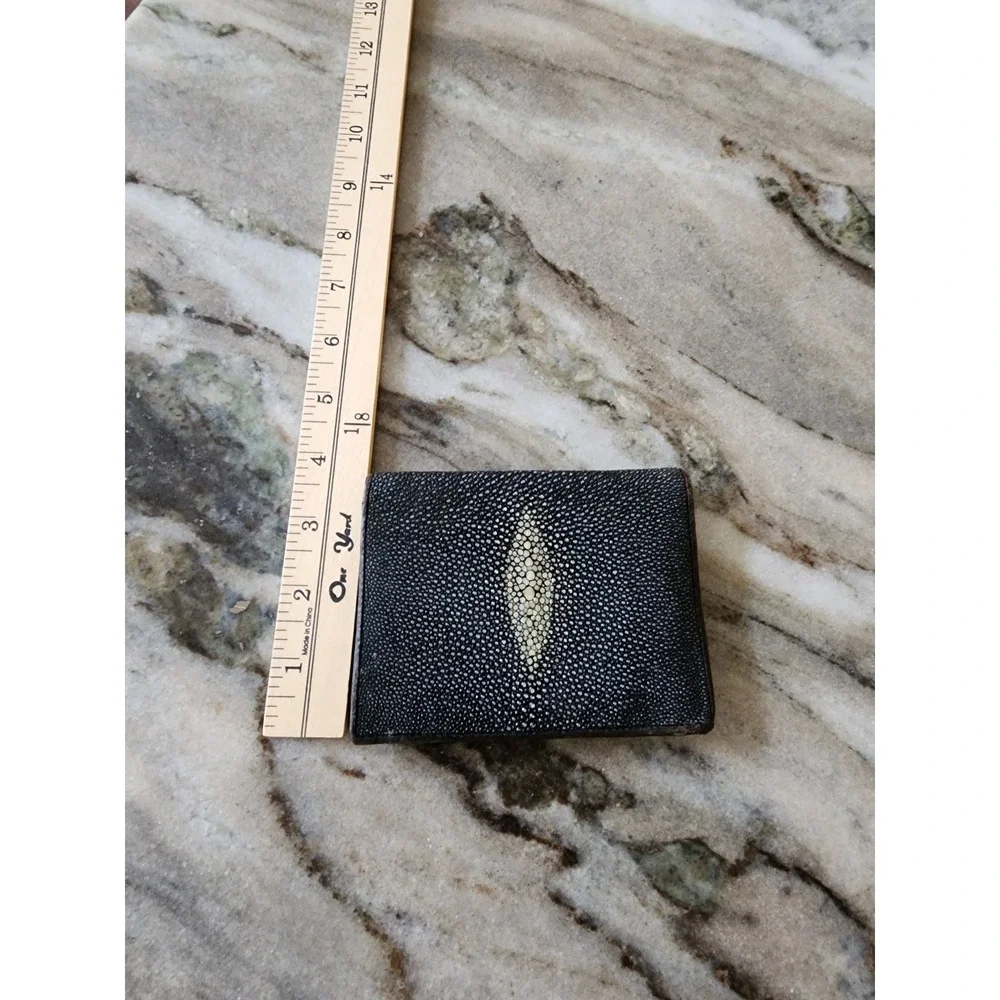 Mizuho Mens Black Genuine Stingray Skin Trifold Wallet White Pearl Eye Exotic